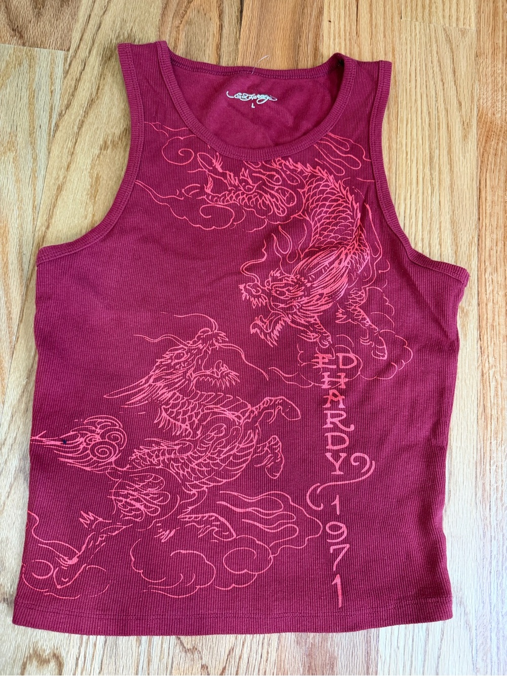 Ed Hardy Maroon Tank Top with Pink Dragon Graphic